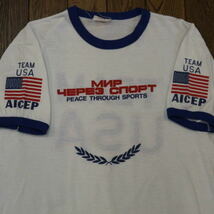 80s TEAM USA AICEP リンガーTシャツ ホワイト ブルー 両面プリント アメリカ フラッグ スポーツ オリンピック Peace ヴィンテージ_画像3