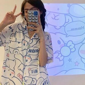 MOM 半袖シャツ ホワイト 総柄 ルームウェア レディース
