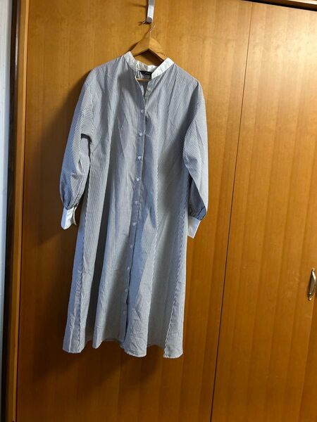 ストライプシャツワンピース バンドカラー ロングシャツ