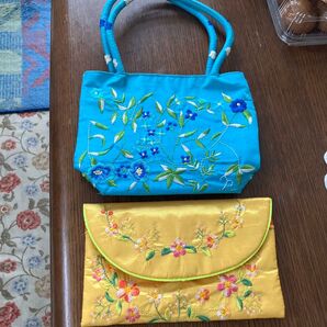 2個セット 刺繍バッグとポーチ 水色と黄色