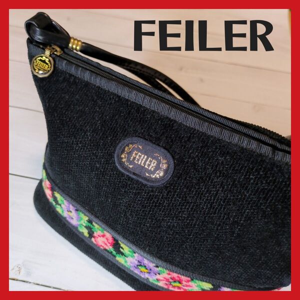 FEILER ショルダーバッグ ベロア調 黒 花柄刺繍