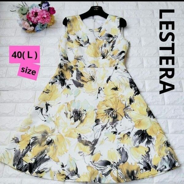 美品♪ レステラ LESTERA 【洗える】ワンピース 花柄 総柄 フレア Aライン レナウン Lサイズ ノースリーブ ひざ丈