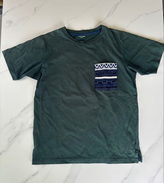 グローバルワークTシャツ、緑系、半袖、Tシャツ、ポケット柄、オシャレ、メンズ