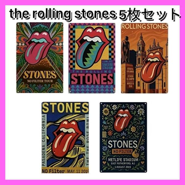 【新品】The Rolling Stones ローリング ストーンズ ロゴ ブリキ看板 5枚セット