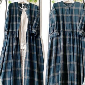 used*サマンサモスモス*7分そでがかわいい♪グリーンチェック*爽やか綿麻ワンピース*前開きではおりにも*ゆったり楽々*