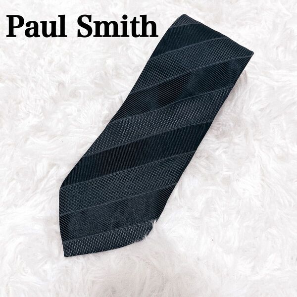 極美品 Paul Smith ポールスミス ストライプ ブラック ネクタイ シルク シルク100 黒