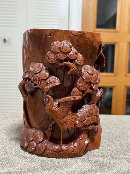 職人手作り製作 筆立て リグナムバイタ 紅木 松 鶴 ツル