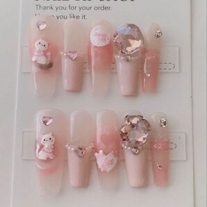 【韓国風】ペールピンク ネイルチップ キティ 猫 ハート キラキラ 大粒ピンクビジュー グラデーション フレンチ ロングタイプ H