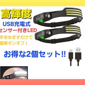 【即日発送】ヘッドライト USB充電式 人感センサー付きLED 登山 ナイトハイク キャンプ 釣り 2個セット ヘルメットライト