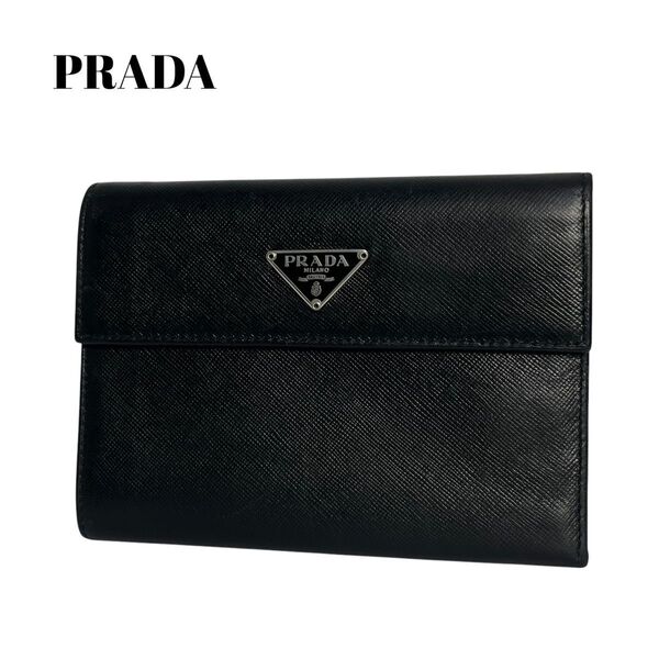 【極美】PRADA プラダ 二つ折り財布 ロゴ サフィアーノレザー 三角ロゴ トライアングル プレート ブラック