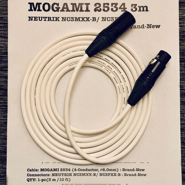 MOGAMI 2534 XLR マイクケーブル 3m 新品 白 NEUTRIK ゴールド