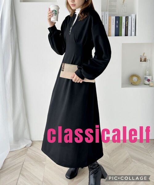 classicalelf 柔らかシルエット 前後2wayハーフジップワンピース ブラック