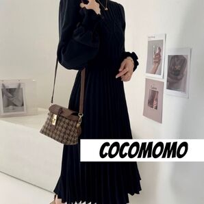 COCOMOMO プリーツ切り替えリブニットハイネックワンピース レディース 長袖 ココモモ