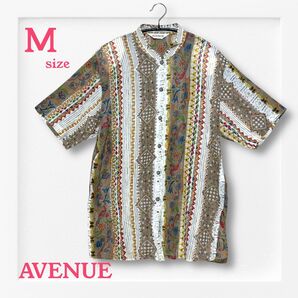 AVENUE 多色ボタニカル柄プリント半袖シャツ《M》シアー感 アロハシャツ ブラウス コットン100% 前開きボタンブラウス