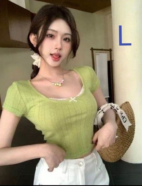 L 姫Tシャツ グリーン フリルカットソー 半袖 インナー 韓国 y2k 平成レトロ トップス 緑 Tシャツ ちびT