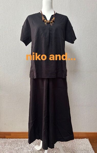 【美品】ニコアンド niko and...トップス&ワイドパンツ セットアップ ブラック Mサイズ 麻 レーヨン