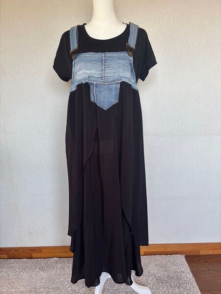 サロペットロングスカート シフォンスカート デニム生地 シースルー 異素材