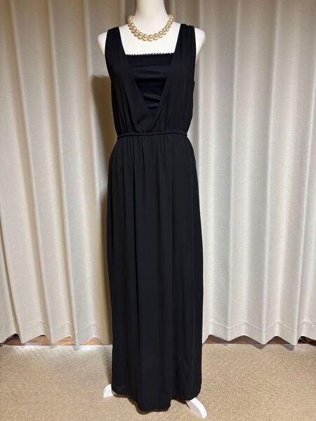 【極美品】DHOLIC 黒Vネックロングワンピース パーティードレス ノースリーブ フリーサイズ 結婚式パーティー ディーホリック