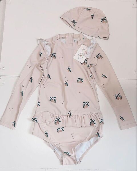 キッズ ワンピース水着 女の子 2点セット キャップ付き 120 長袖