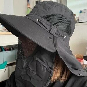 UVカット ハット 取り外し可能マスク付き 紫外線対策 日焼け防止 フェイスカバー 黒658653