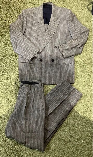 レトロ ジュンメン JUNMEN スーツ セットアップ グレー ボーダー ジャケット パンツ上下セット Lサイズ