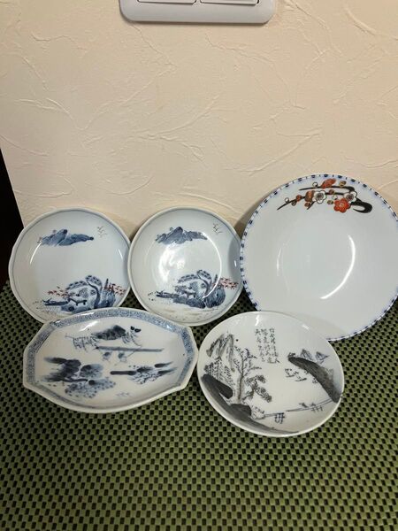 昭和レトロ 青絵 古伊万里 伊万里 色絵 銘々皿小皿和骨董 和食器 料理皿 銘々皿 花柄