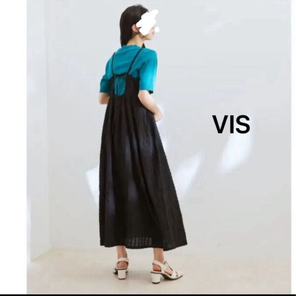 VIS ビス キャミソールワンピース ポップコーン ワンピース 黒 肩紐調整 バックリボン 左右ポケット付き 裏地付き 綺麗め