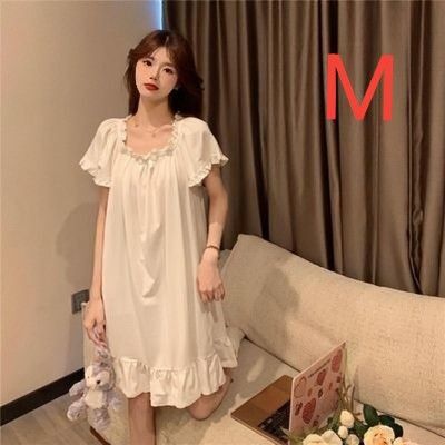 M ナイトウェア ショート寸丈 オフホワイト パジャマワンピース ルームウェア ネグリジェ フリル 新品.未使用 伸縮性有