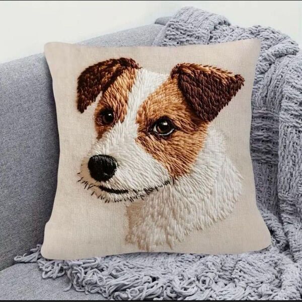 クッションカバー ジャックラッセルテリア 刺繍風 犬 45㎝ インテリア 犬柄 かわいい