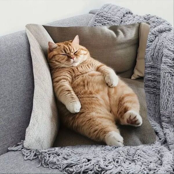クッションカバー 猫 茶トラ 仰向け へそ天 お昼寝 猫柄 可愛い インテリア 装飾 両面プリント 猫の雑貨