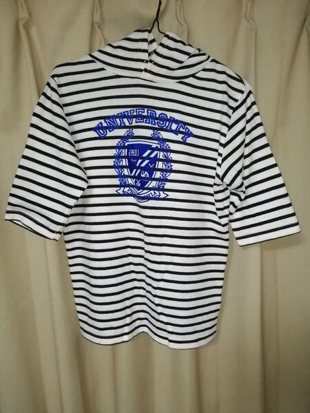半袖 Tシャツ フード付き サイズ表記Mカットソー ホワイト&ネイビーボーダー プルオーバー ストリート サマーセーター トップス