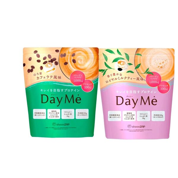 chocoZAP プロテイン DayMe 500g カフェラテ風味、ロイヤルミルクティー風味