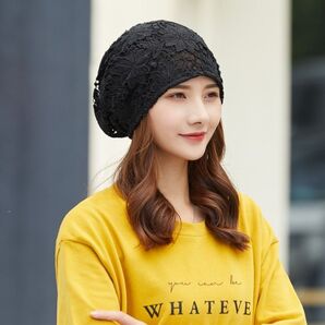 ターバン ブラック レース素材 キャップ 帽子 ケア帽子 薄手 春夏秋 ねぐせ隠し 白髪隠し 入院生活 ワンウェイ
