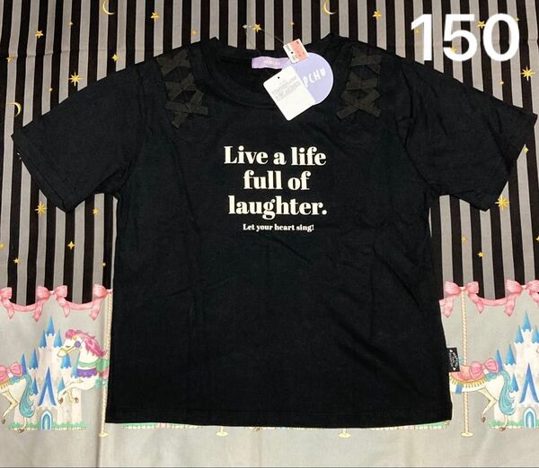 【150】半袖 Tシャツ 肩リボン トップス カットソー 黒 ブラック 女の子 女児 子供服 お子様 キッズ kids 新品タグ付