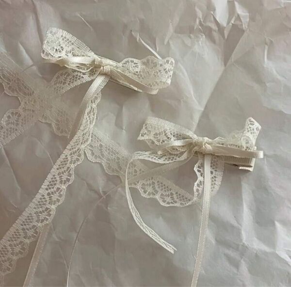 レースリボンヘアクリップ 2個セット オフホワイト 上品