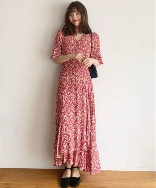 FRAY I.D ヴィスコースプリントカシュクールワンピース レッド0 タグ付