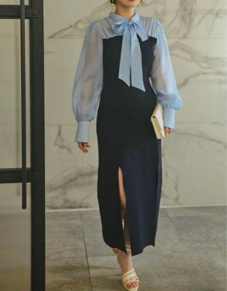 eimy istoire ボウタイドッキングスリットニットワンピースNAVY