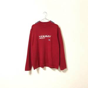 90s★TOMMY JEANS トミー トミーヒルフィガー★ロゴ刺繍 コットン ニット セーター 赤 レッド size XL プルオーバー