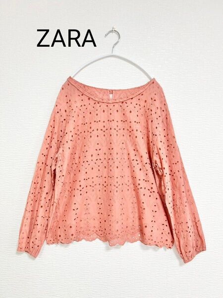 ZARA レース刺繍ブラウス フリルプルオーバー オレンジ系 長袖