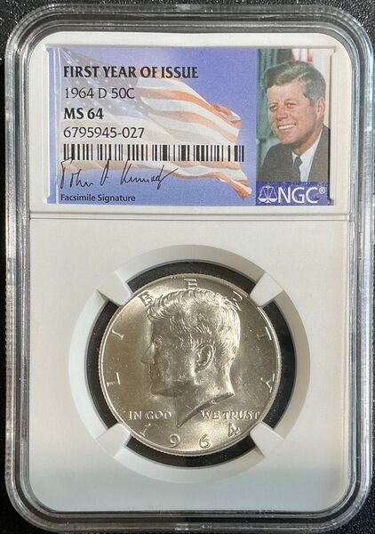 【③ MS64】ケネディ50セント銀貨 1964年 NGC MS64 First Year of Issue 未使用銀貨
