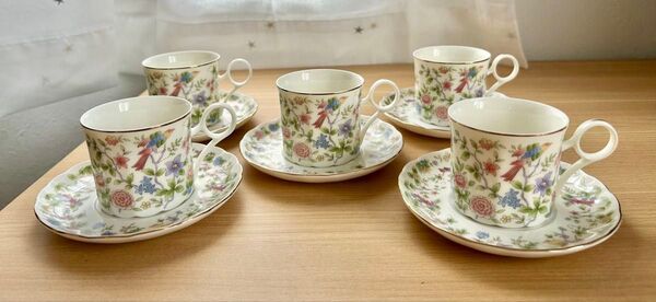 【最終値下げ】カップ&ソーサー momoyama 5客セット 花柄 鳥の絵 陶磁器 鳥 かわいい おしゃれ