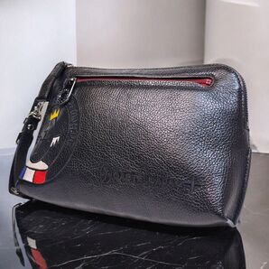 【美品】CASTELBAJAC カステルバジャック クラッチバッグ セカンドバッグ レザー シボ革 刺繍ロゴ ブラック