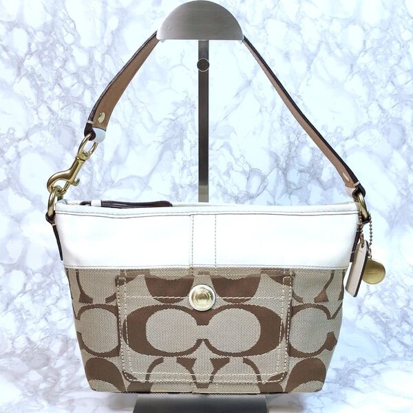 【美品/人気】COACH コーチ ワンショルダーバッグ シグネチャー キャンバス ベージュ 肩掛け バイカラー
