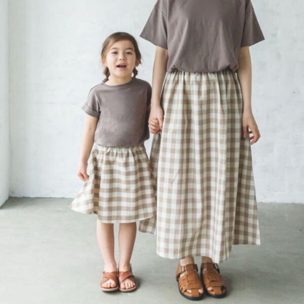 親子お揃い チェック柄スカート ベージュ