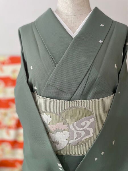 美品セット 洗える夏着物 飛び柄小紋 千鳥 ポリエステル 名古屋帯