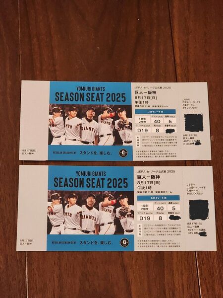 8月17日 巨人 阪神戦 ペアチケット 東京ドーム