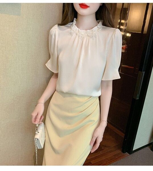 シャツ ブラウス レディース 半袖シフォン シャツ パール付き 女性らしい ワイシャツ 立ち襟 ファッションMサイズ