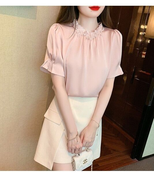 シャツ ブラウス レディース 半袖シフォン シャツ パール付き 女性らしい ワイシャツ 立ち襟 ファッションMサイズ