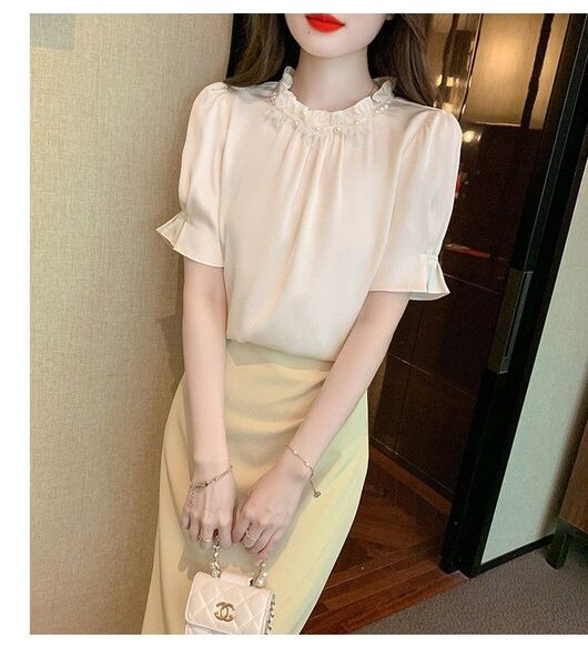 シャツ ブラウス レディース 半袖シフォン シャツ パール付き 大人 女性らしい ワイシャツ 立ち襟 ファッション Mサイズ