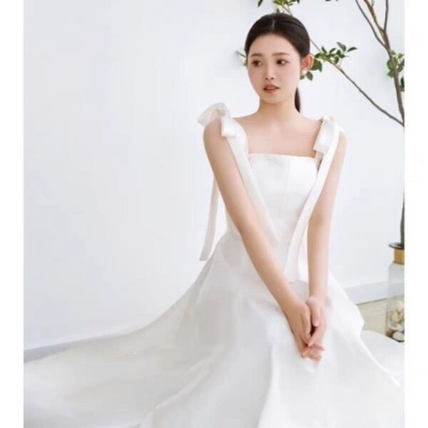 ウェディングドレス サテン リボン ホワイト 前撮り 結婚式 二次会 フォト撮影 ブライダル 海外ウェディング リゾート 韓国風
